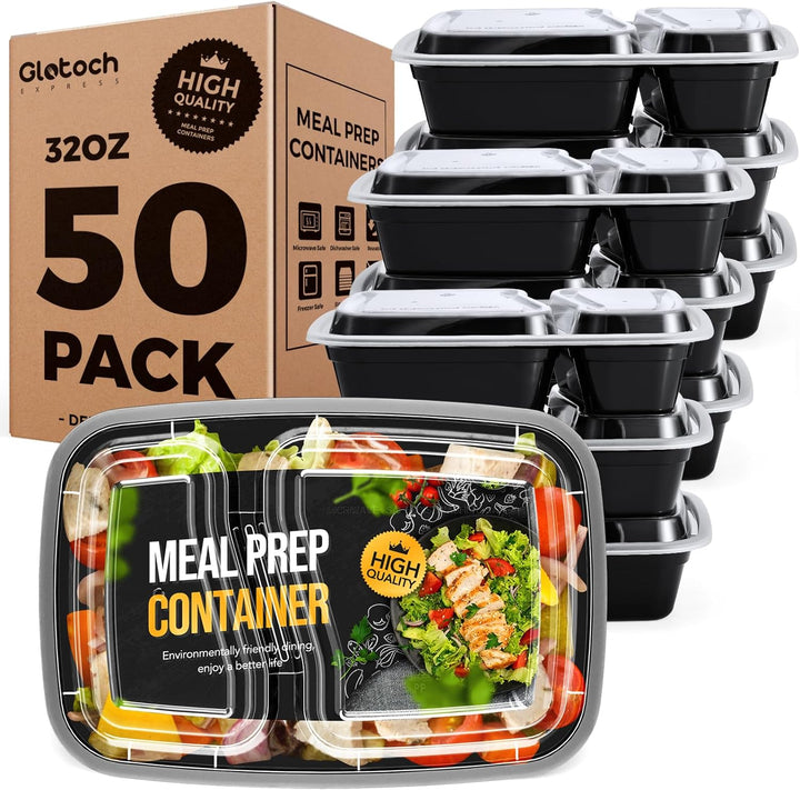 50 Pack 32OZ 2 curved Compartment Meal Prep Container  With Lids Wholesale