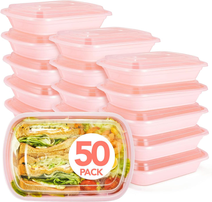 Paquete de 50 recipientes desechables de plástico para comida con tapa, de 32 oz, color rosa.