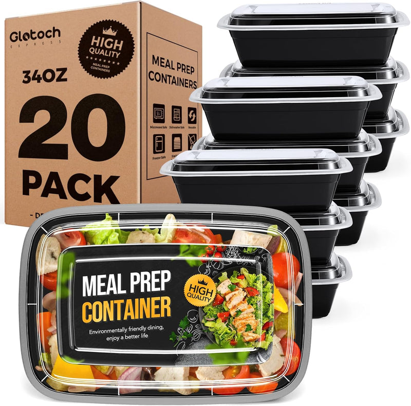 Paquete de 20 recipientes desechables reutilizables para preparar comidas de 34 oz con tapa.