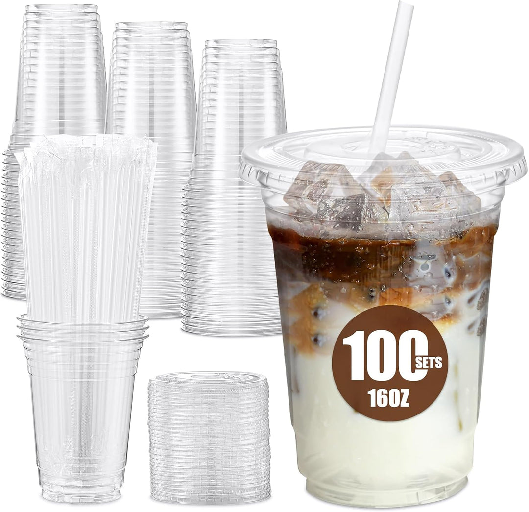 100 Sets 16oz Plastic Coffee Cups with Lids and Straws Wholesale