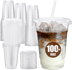 100 Sets 16oz Plastic Coffee Cups with Lids and Straws Wholesale