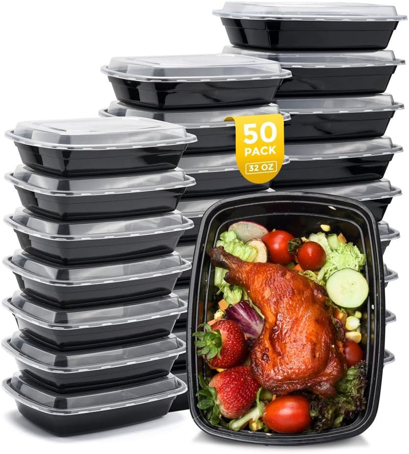 Paquete de 50 recipientes de plástico para preparación de alimentos de 32 oz con tapa