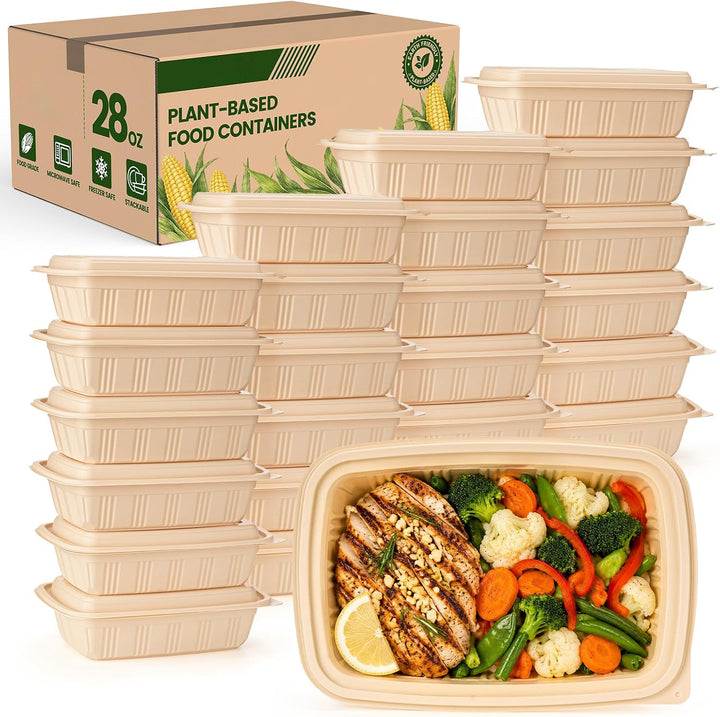 Paquete de 50 recipientes reutilizables para preparar comidas de 32 oz, con 2 compartimentos y tapas. 