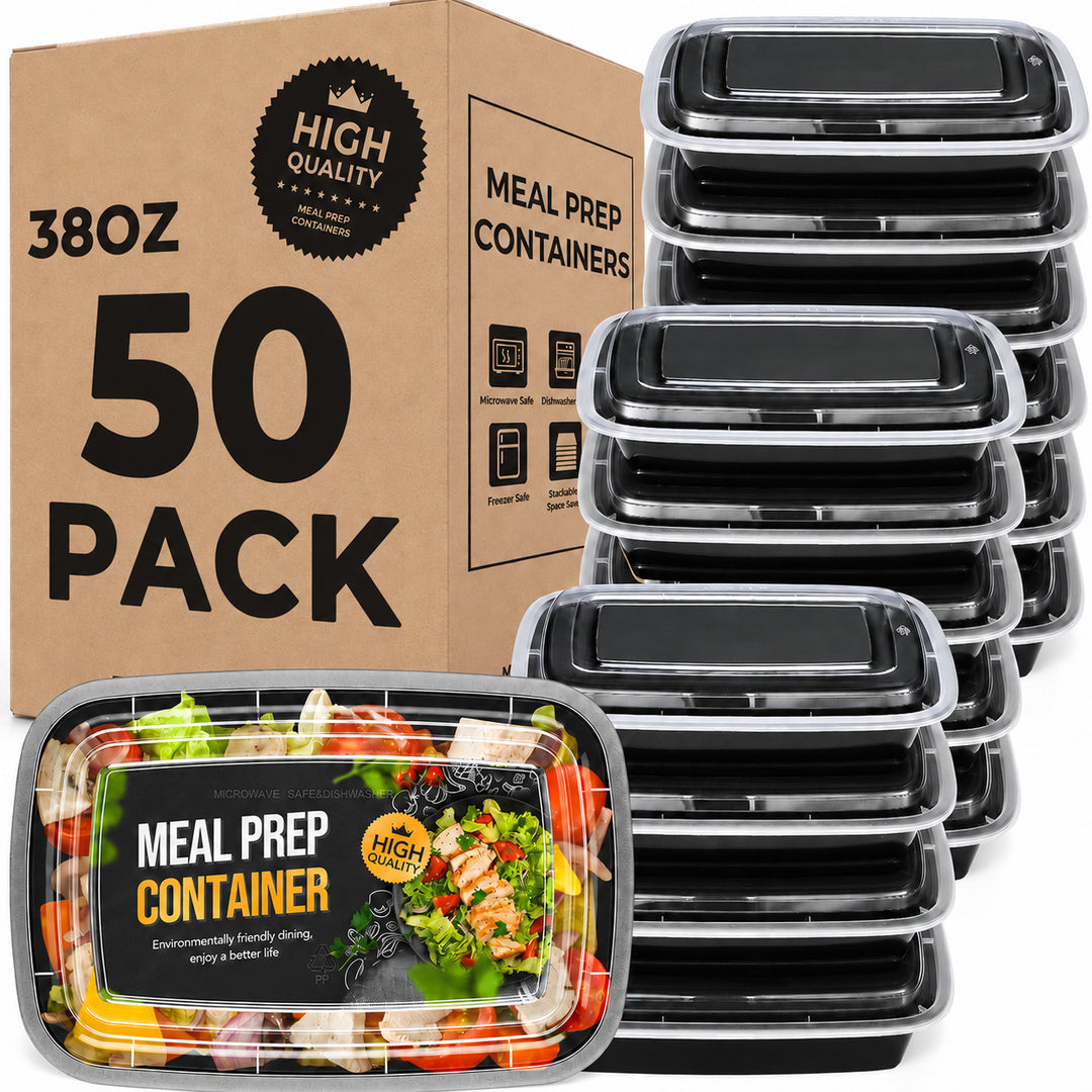 Paquete de 50 recipientes reutilizables para preparar comidas de 32 oz, con 2 compartimentos y tapas. 