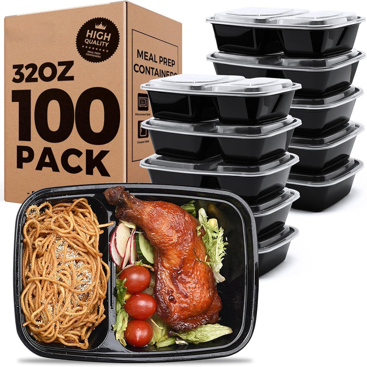 100 Pack 32OZ Meal Prep Containers 2-Compartment Wholesale