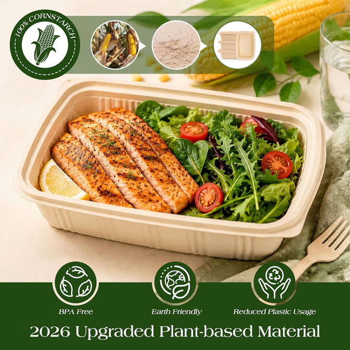 Paquete de 50 recipientes reutilizables para preparar comidas de 32 oz, con 2 compartimentos y tapas. 