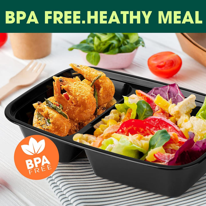 Paquete de 50 recipientes reutilizables para preparar comidas de 32 oz, con 2 compartimentos y tapas. 