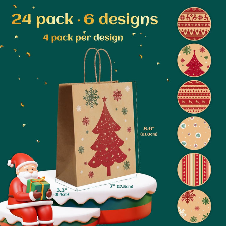 8.6x7x3.3 Inch Kraft Paper Christmas Gift Bags | 384 Pack Wholesale