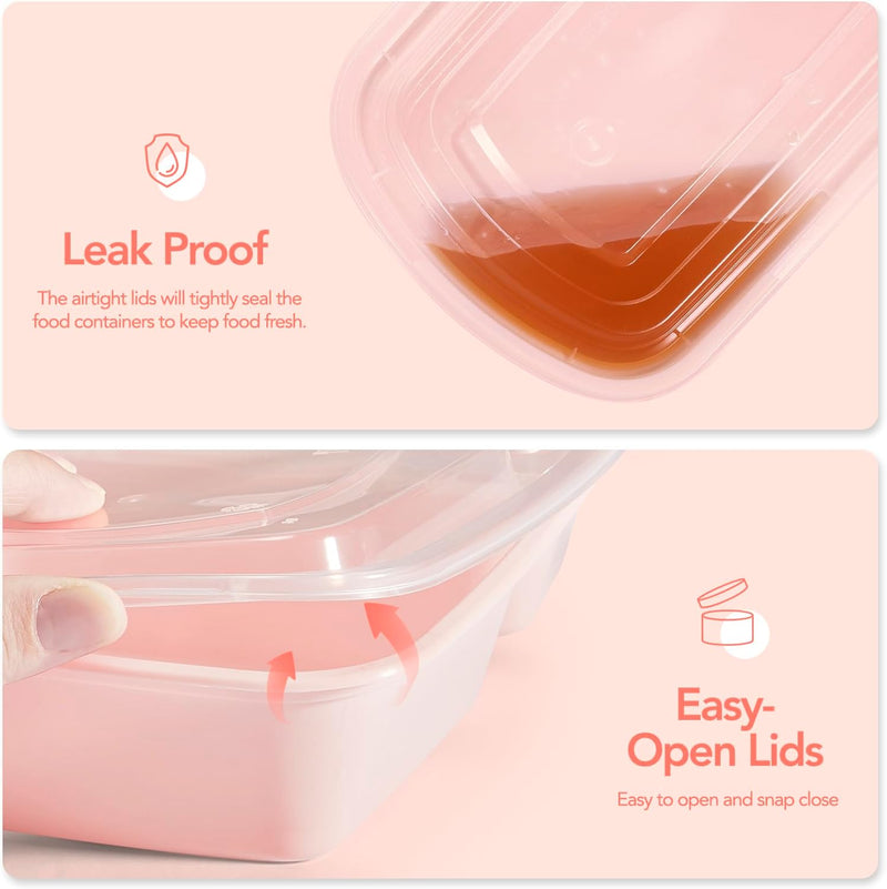 Paquete de 50 recipientes desechables de plástico para comida con tapa, de 32 oz, color rosa.