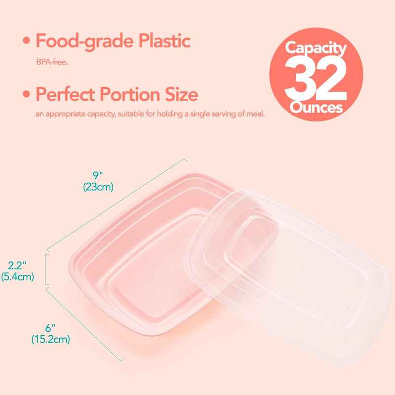 Paquete de 50 recipientes desechables de plástico para comida con tapa, de 32 oz, color rosa.