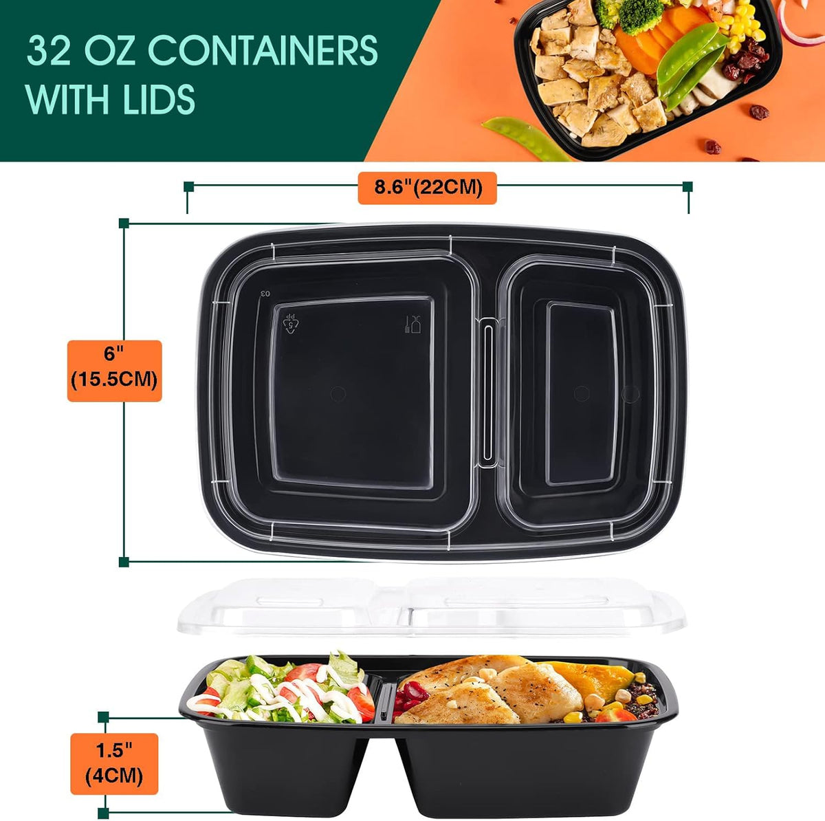 50 Pack 32OZ  2 square Compartment Meal Prep Containers - JiaroPack