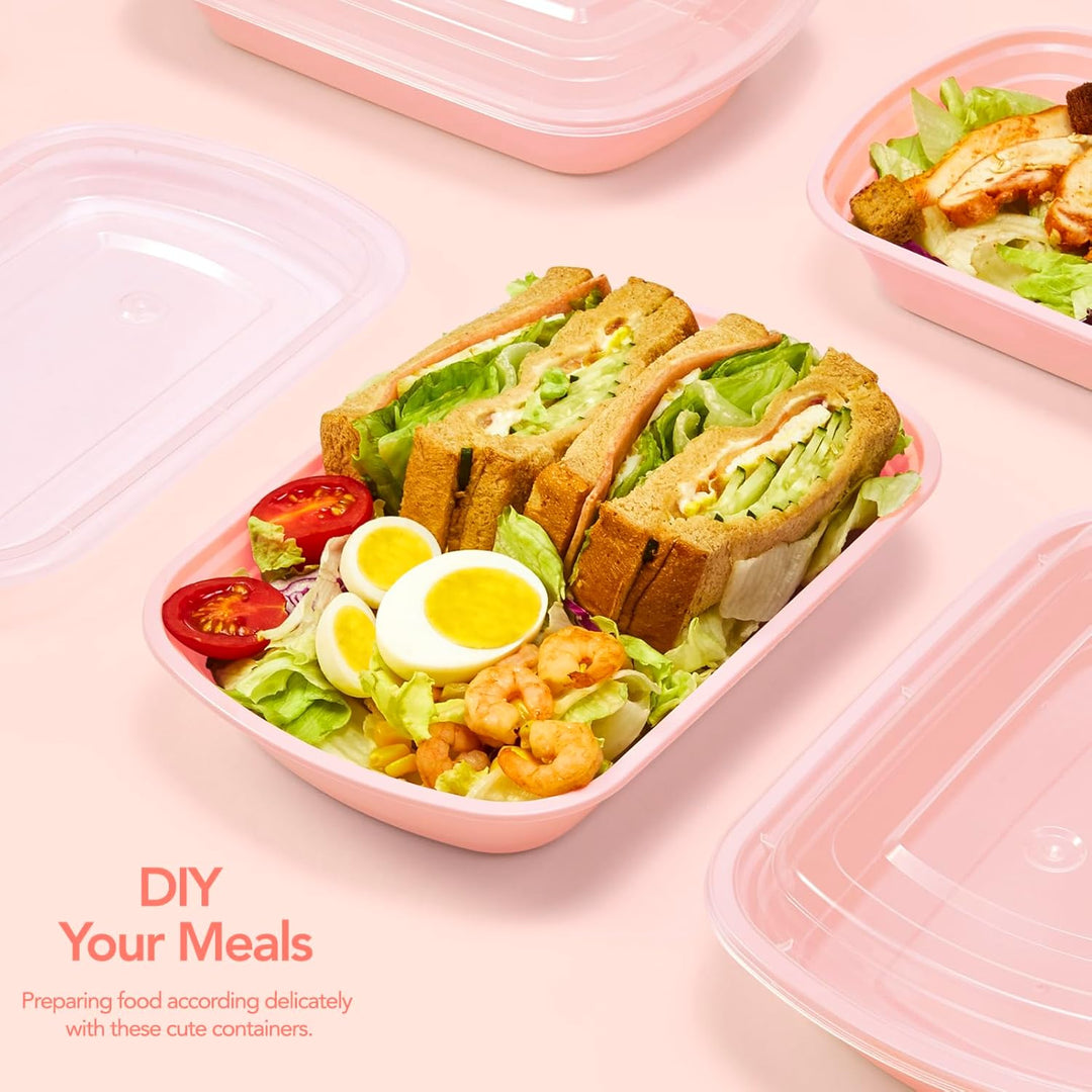 Paquete de 50 recipientes desechables de plástico para comida con tapa, de 32 oz, color rosa.