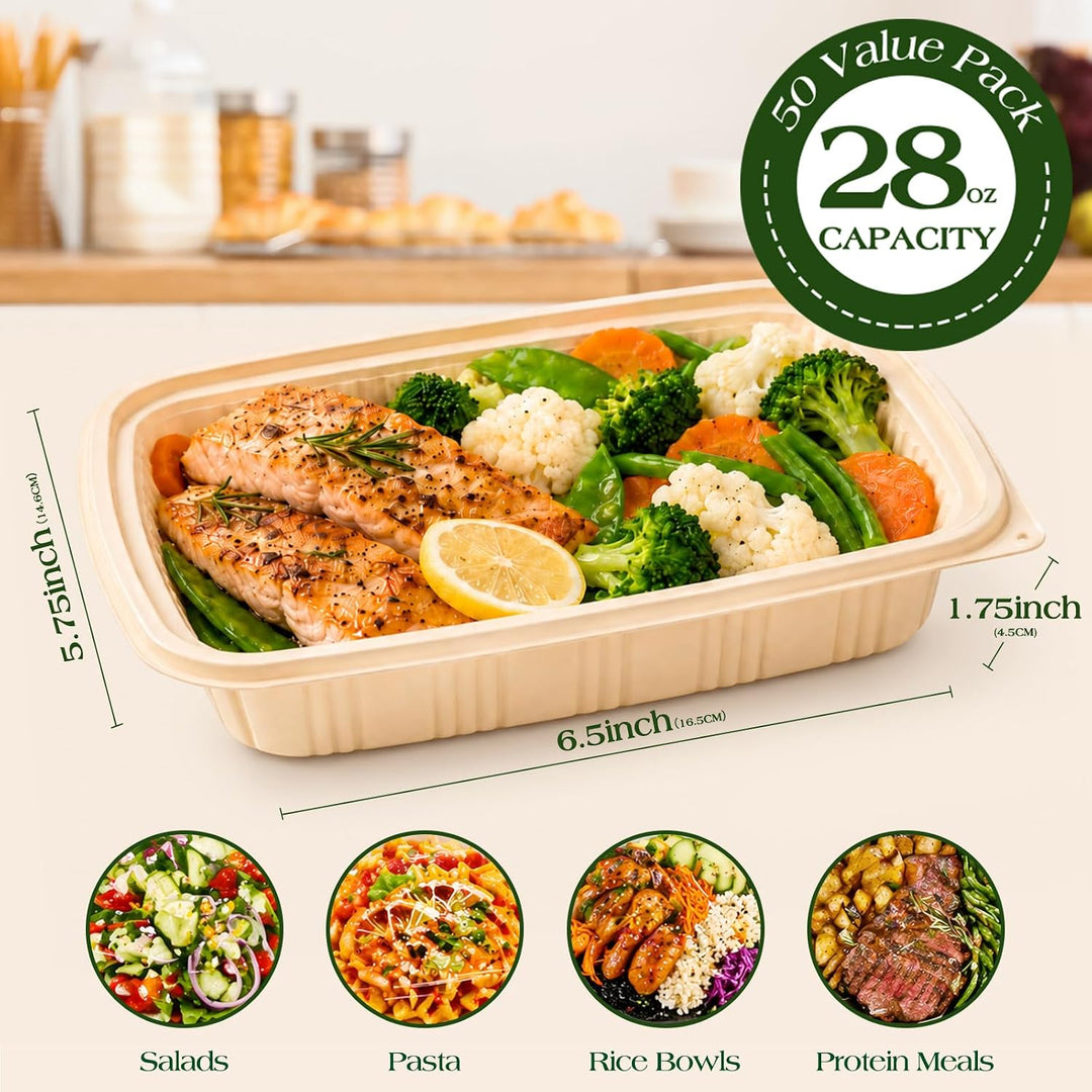 Paquete de 50 recipientes reutilizables para preparar comidas de 32 oz, con 2 compartimentos y tapas. 