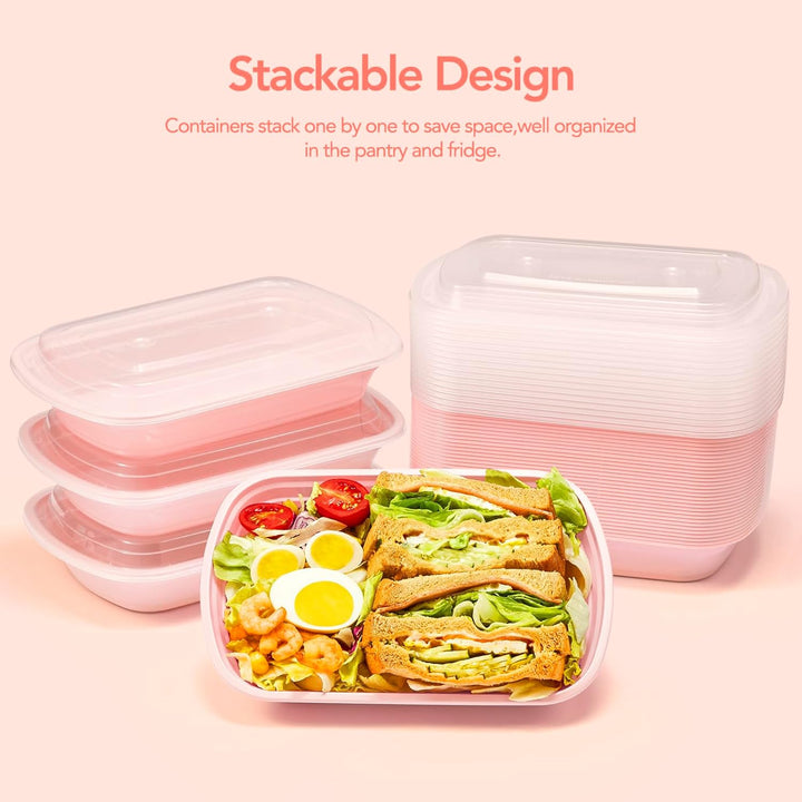 Paquete de 50 recipientes desechables de plástico para comida con tapa, de 32 oz, color rosa.