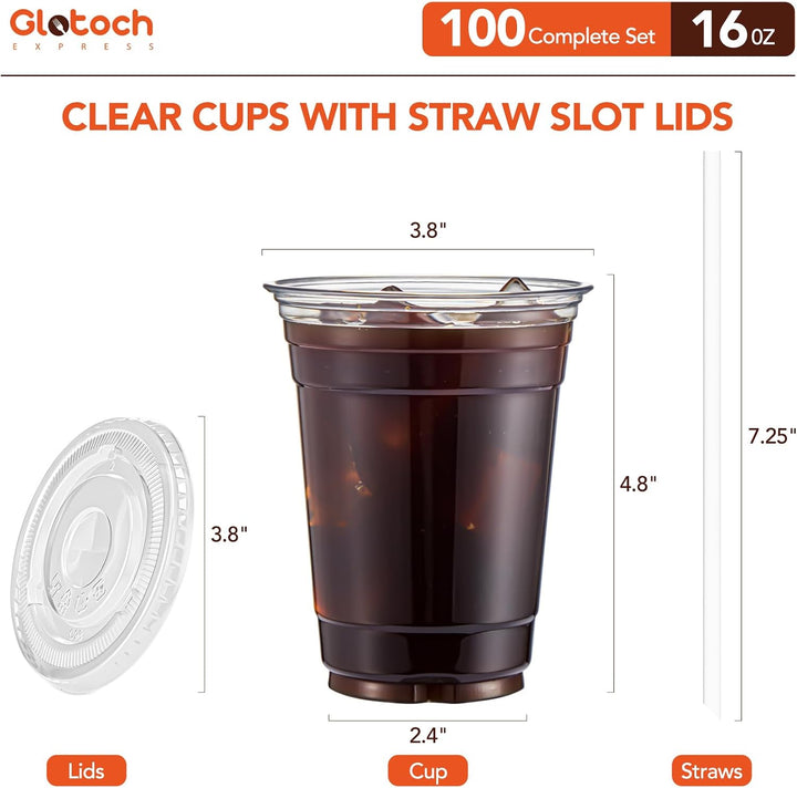 100 Sets 16oz Plastic Coffee Cups with Lids and Straws Wholesale