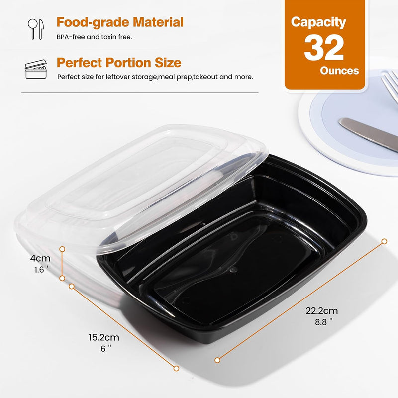 Paquete de 50 recipientes de plástico para preparación de alimentos de 32 oz con tapa