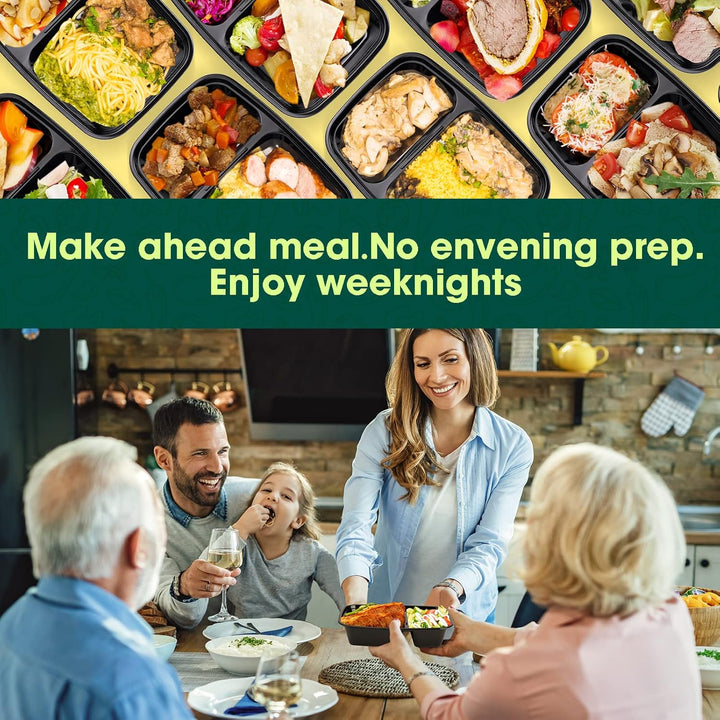 Paquete de 50 recipientes reutilizables para preparar comidas de 32 oz, con 2 compartimentos y tapas. 