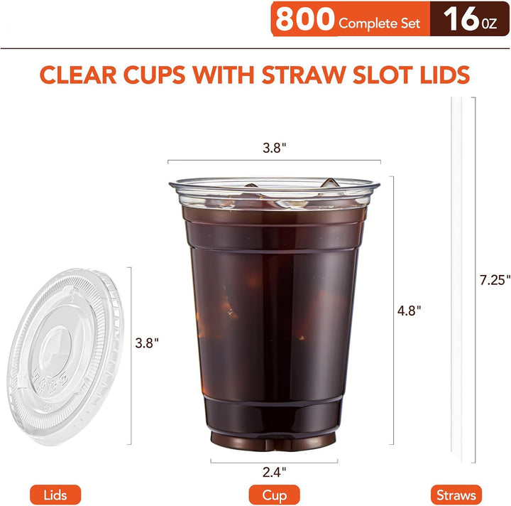 800 Sets 16oz Plastic Coffee Cups with Lids and Straws Wholesale