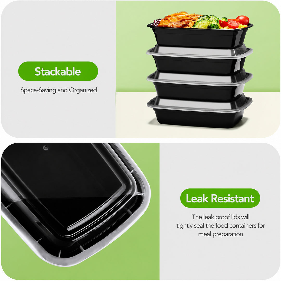 Paquete de 50 recipientes reutilizables para preparar comidas de 32 oz, con 2 compartimentos y tapas. 