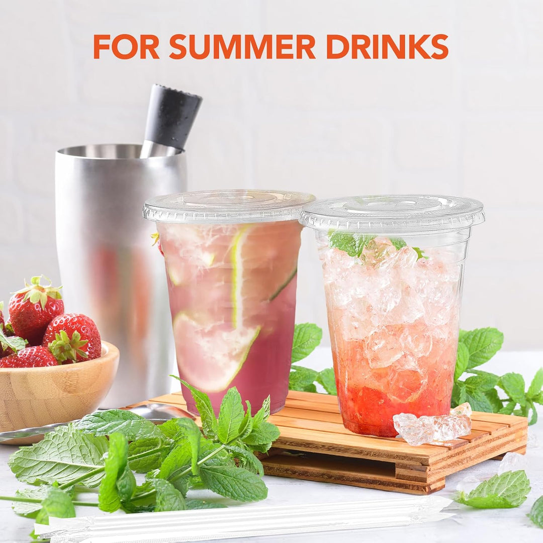 100 Sets 16oz Plastic Coffee Cups with Lids and Straws Wholesale