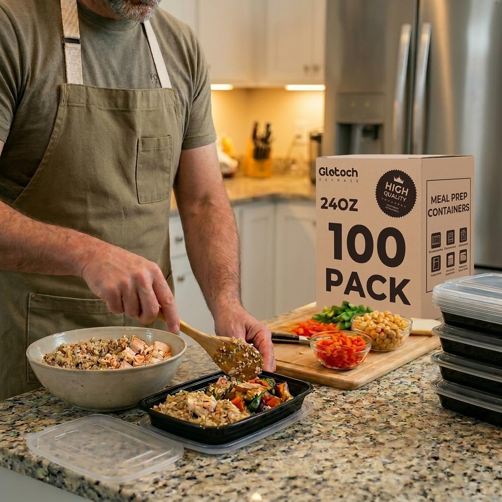 Paquete de 50 recipientes reutilizables para preparar comidas de 32 oz, con 2 compartimentos y tapas. 