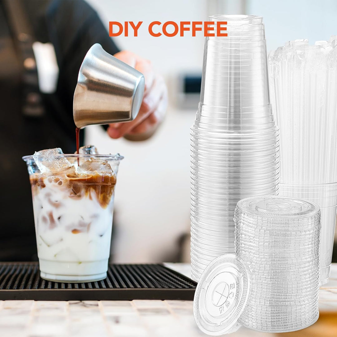 100 Sets 16oz Plastic Coffee Cups with Lids and Straws Wholesale