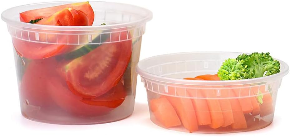 Paquete de 48 recipientes de plástico para sopa (mixtos) de 8 oz y 16 oz con tapa.