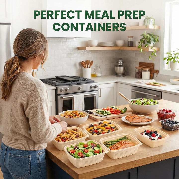 Paquete de 50 recipientes reutilizables para preparar comidas de 32 oz, con 2 compartimentos y tapas. 