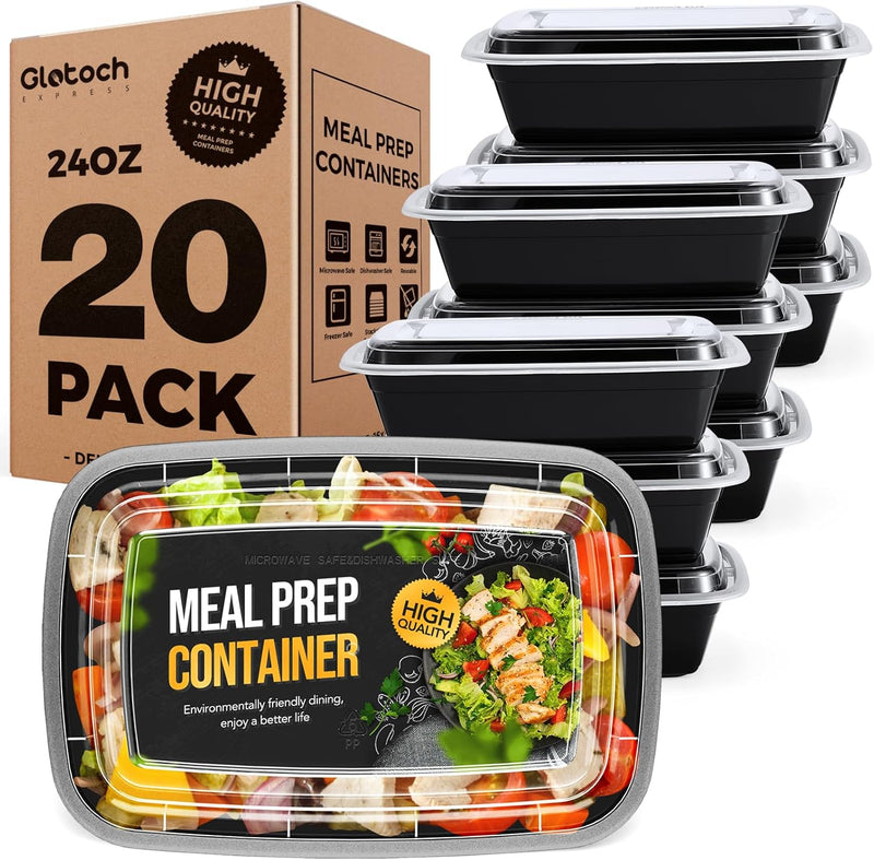 Paquete de 20 recipientes reutilizables para preparar comidas de 24 oz, aptos para congelador y microondas, 1 compartimento 