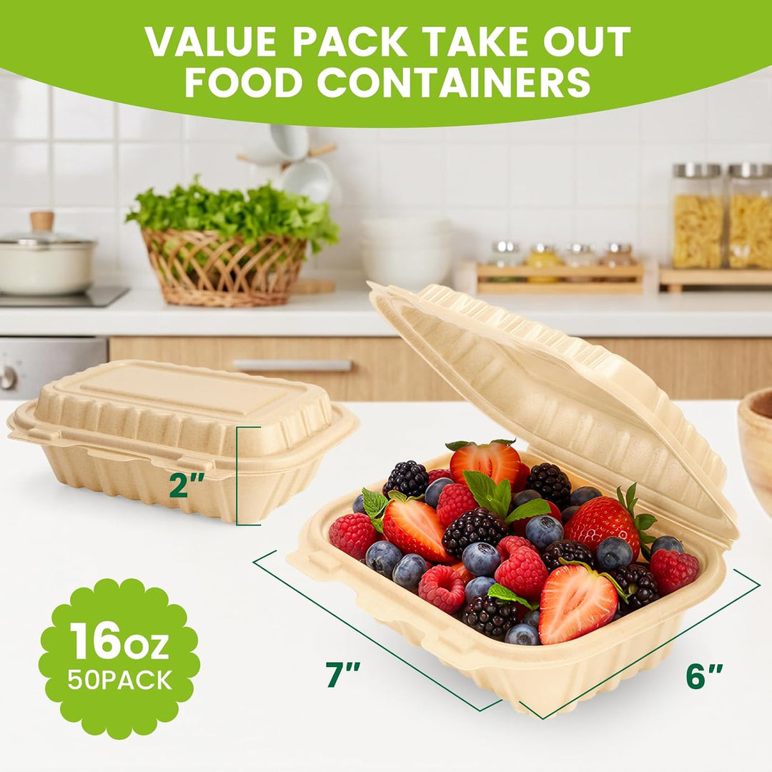 Paquete de 50 recipientes reutilizables para preparar comidas de 32 oz, con 2 compartimentos y tapas. 