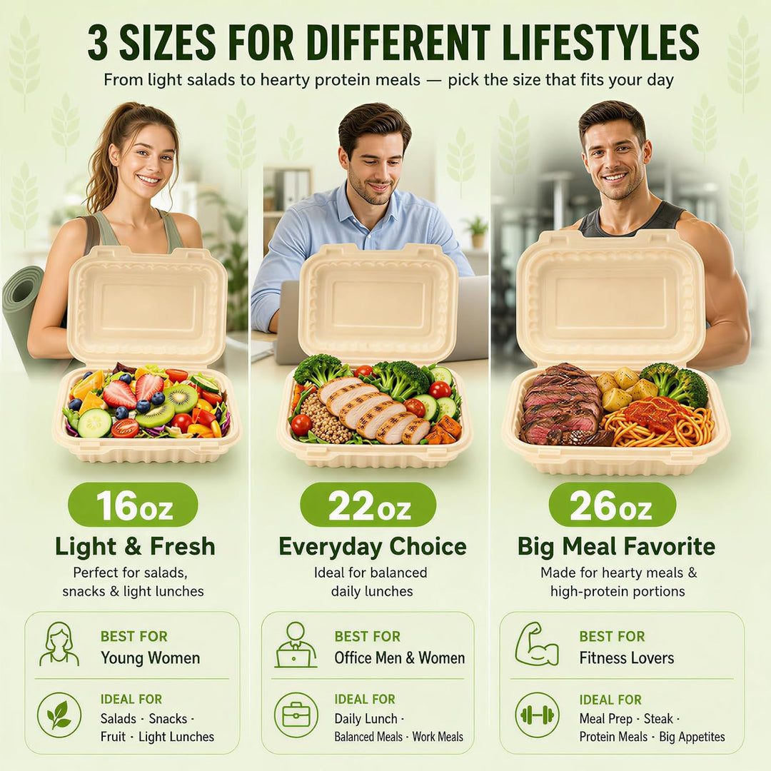 Paquete de 50 recipientes reutilizables para preparar comidas de 32 oz, con 2 compartimentos y tapas. 
