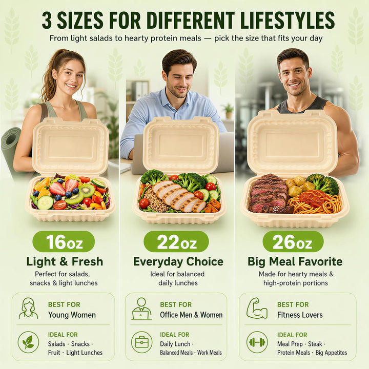 Paquete de 50 recipientes reutilizables para preparar comidas de 32 oz, con 2 compartimentos y tapas. 