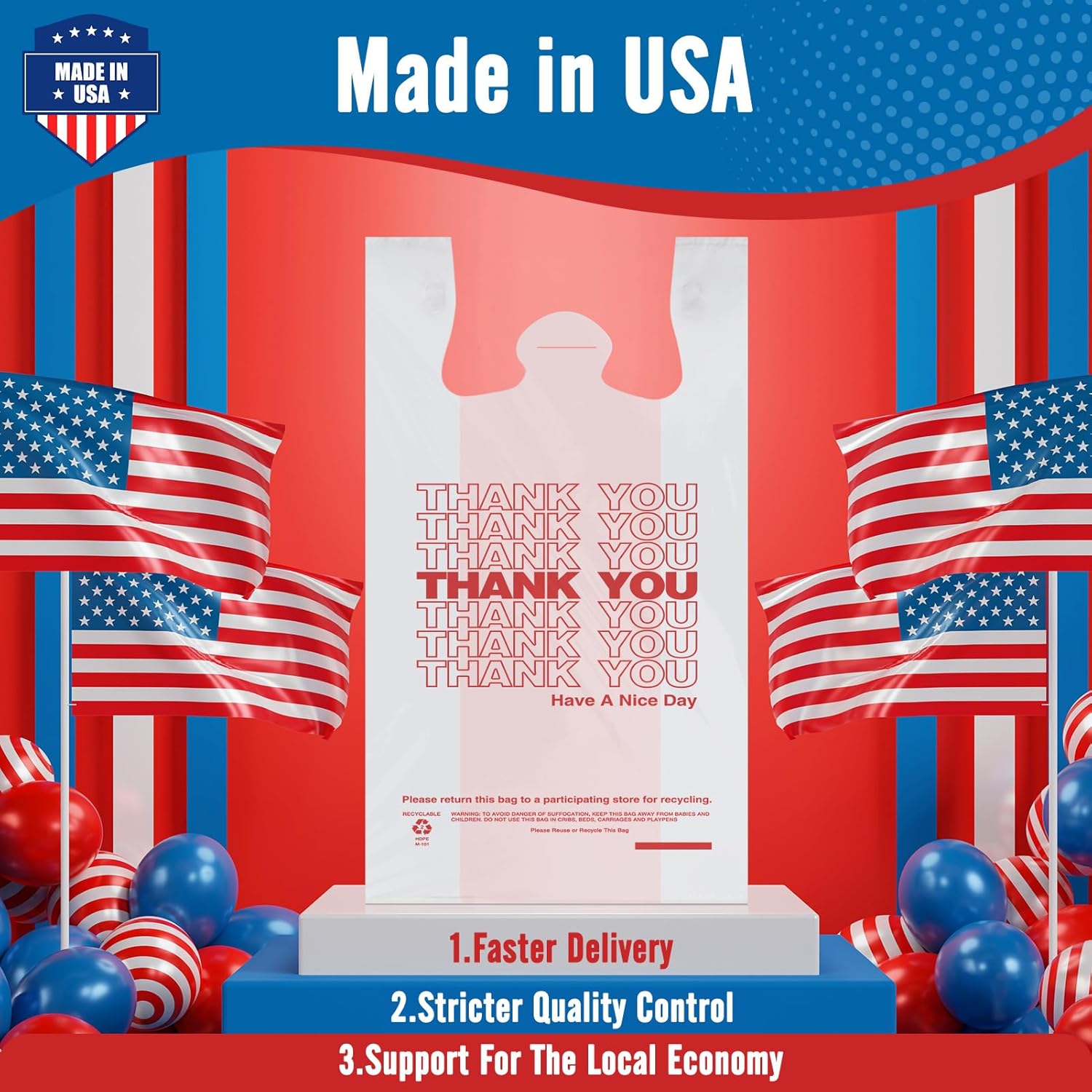 Thank you bags available in different colors including white, black, blue, and green