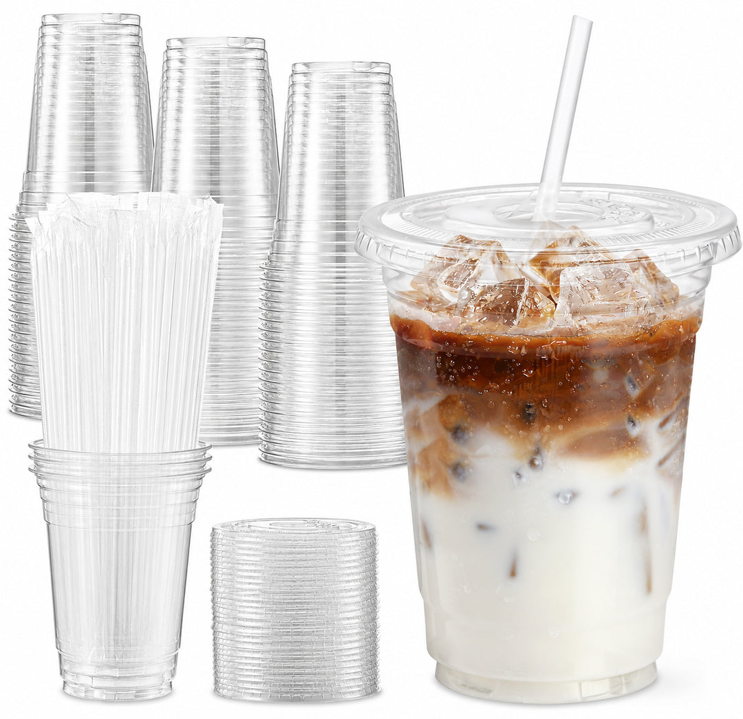 800 Sets 16oz Plastic Coffee Cups with Lids and Straws Wholesale