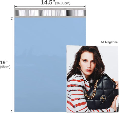 Blue shipping poly bag with dimensions 14.5 by 19 inches and A4 magazine for size comparison.