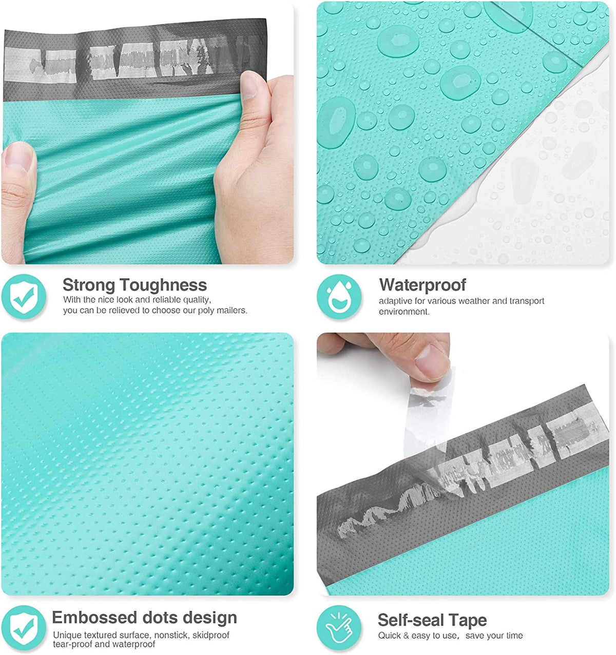 Collage showing features of turquoise poly mailers: toughness, waterproof surface, and self-seal tape.