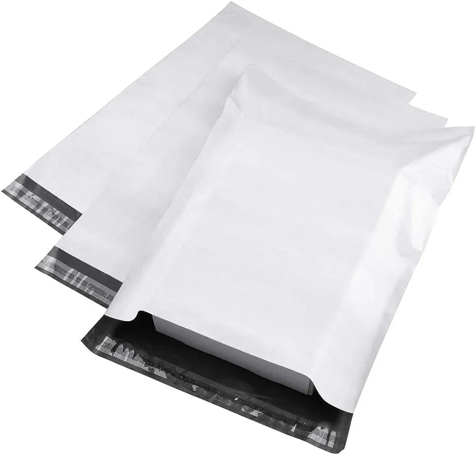 Three white waterproof poly mailer shipping bags with adhesive strips